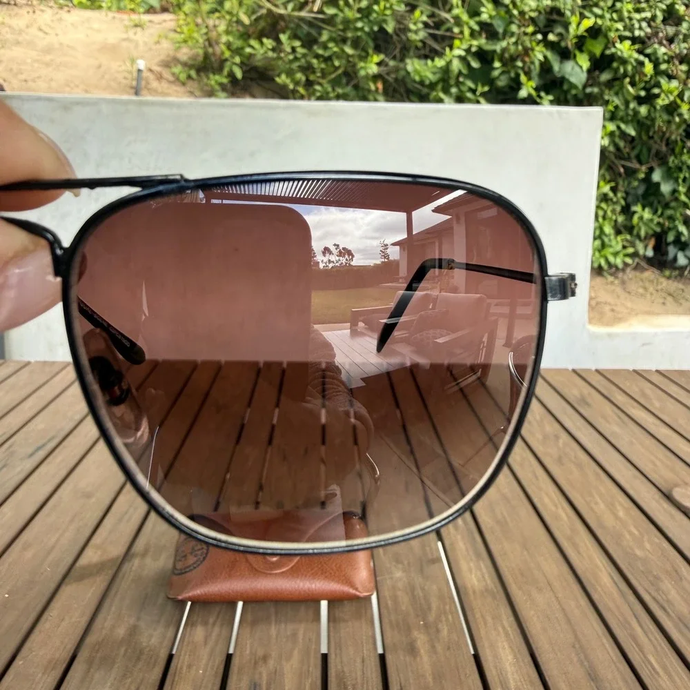 Ray-Ban Mens Aviator Sunglasses Black Metal Frame Brown Glass Visual Scene
